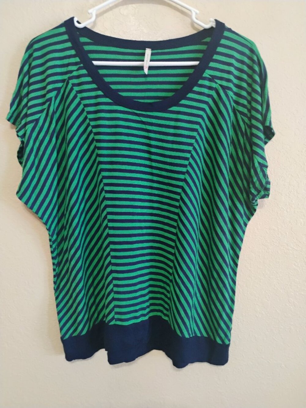 Umgee Striped Top XL Green Navy Dolman Sleeve Boho Casual